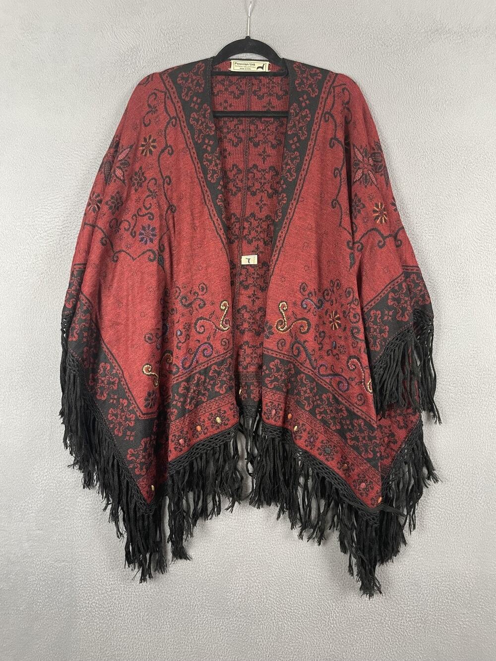 Peruvian Link Poncho Womens One Size Red Alpaca Kimono Tasseled Embroidered